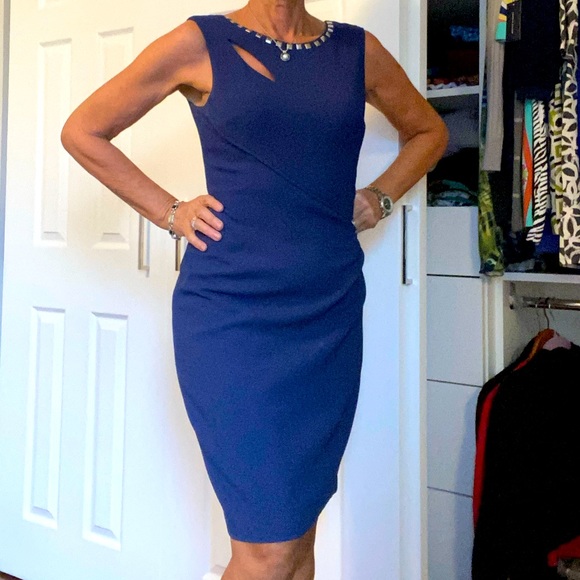 Adrianna Papell Navy cut out silver studded embellished dress - Picture 1 of 13